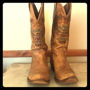 Roper Tan boots with Turquoise inlay BOHO